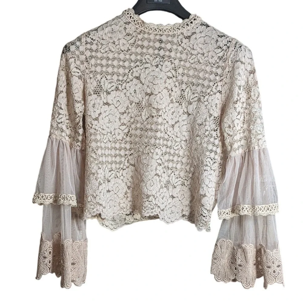 Boho Fairy Top S Bell Sleeve Floral Lace Mesh Sheer Hippie Festival Feminine